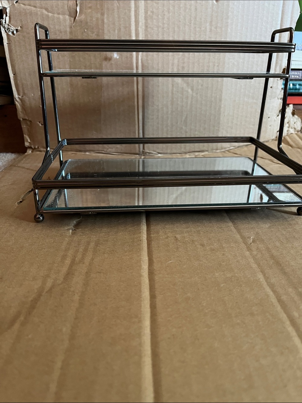 Two-Tier Glass and Metal Display Shelf - Mirrored Tray
